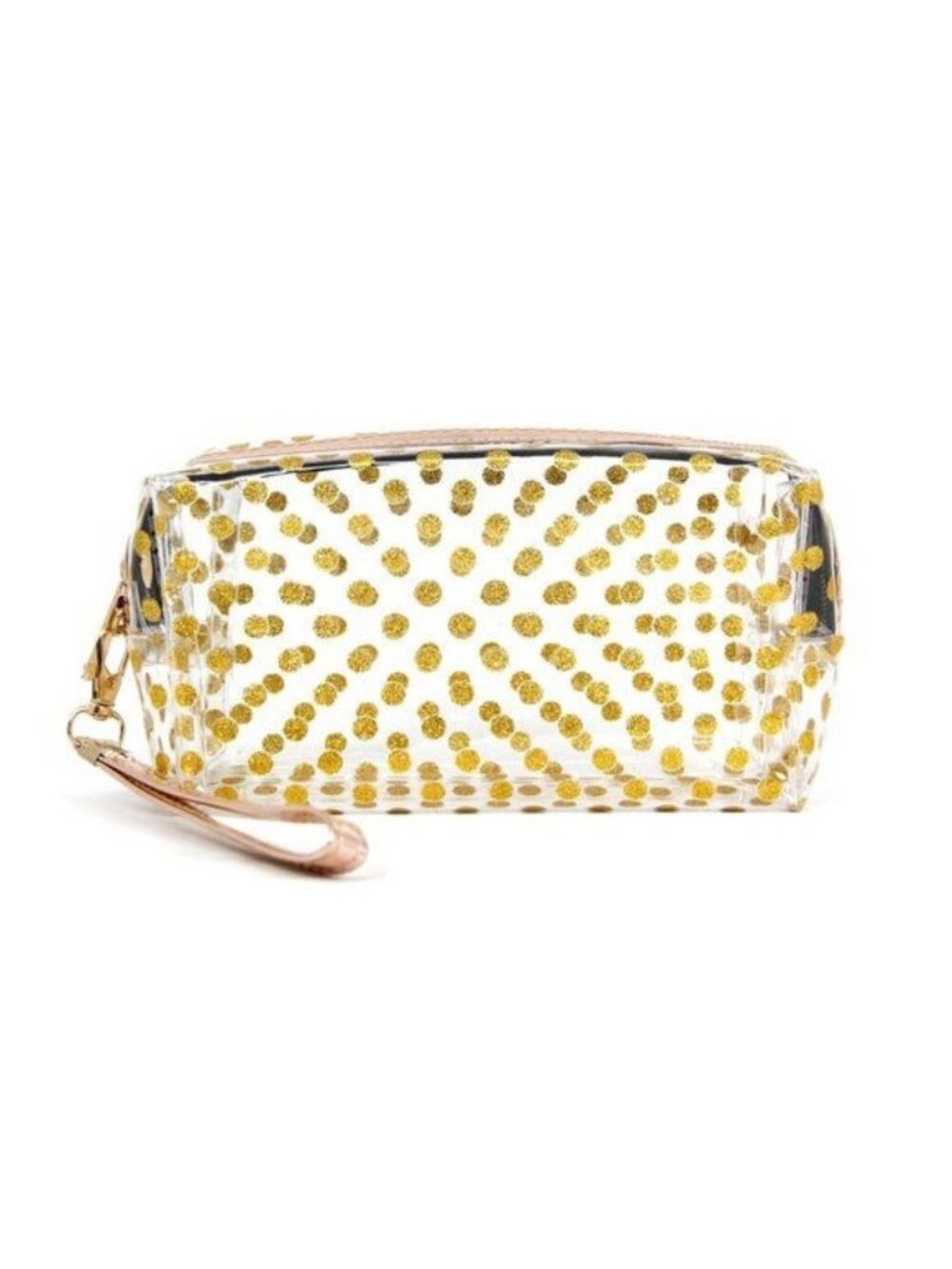 Clear Gold Glitter PVC Polka Dot Wristlet Pencil Pouch Makeup Bag